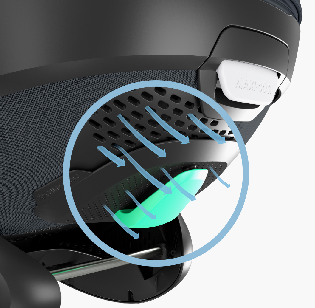 Ventilační systém na zadní straně autosedačky